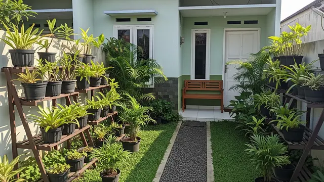 Inspirasi Taman Tropis Mini untuk Rumah Subsidi Model dengan Rak Taman Bertingkat