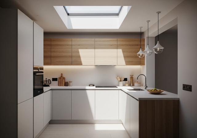 Desain Skylight Atap dengan Kabinet Rendah/Desain Dapur Ukuran 3x3 Meter dengan Pencahayaan Alami (Sumber: gemini.com)