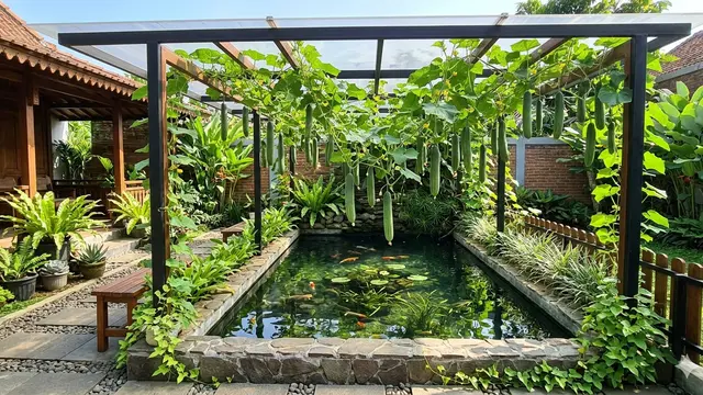 Inspirasi Kebun Mentimun Rambat di Atas Kolam Ikan. Gemini