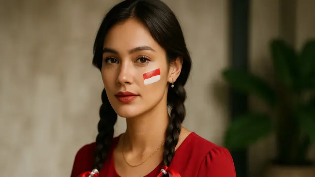 Model Rambut Kepang 2 dengan Aksesori Merah Putih di Wajah