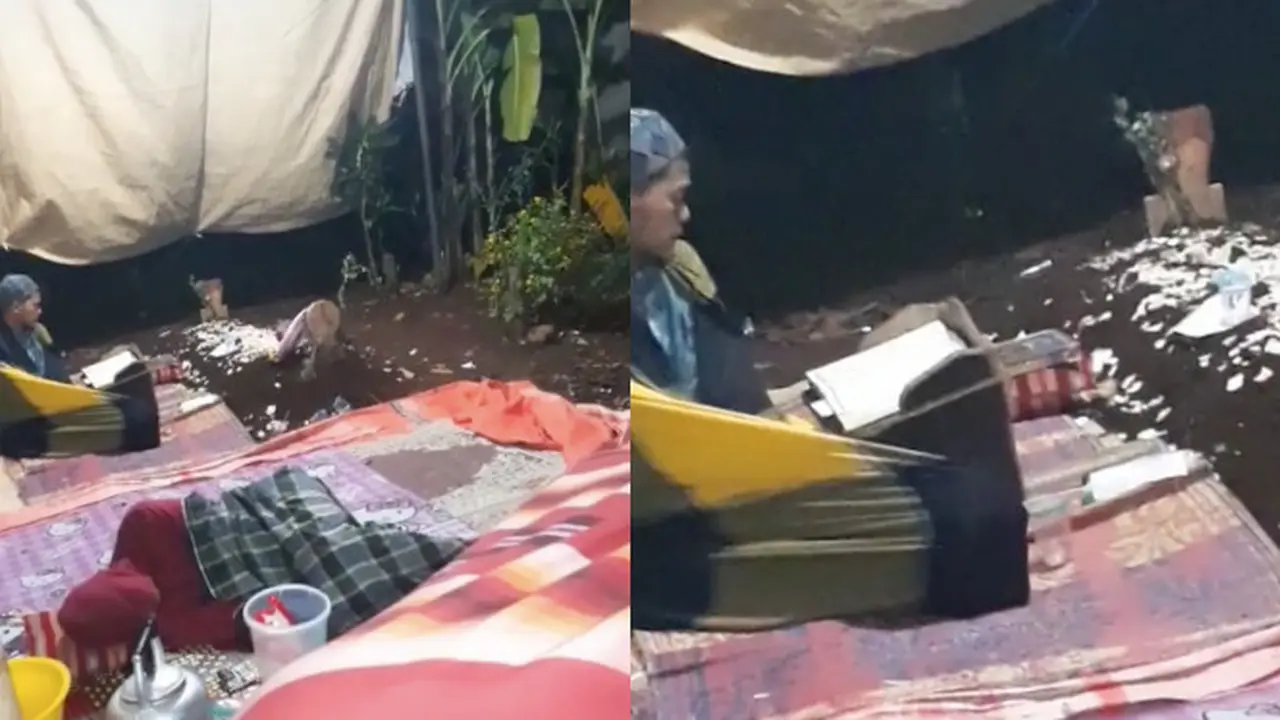 Viral Pria Ini Gelar Tenda di Samping Makam Istri, Mengaji Tiap Malam