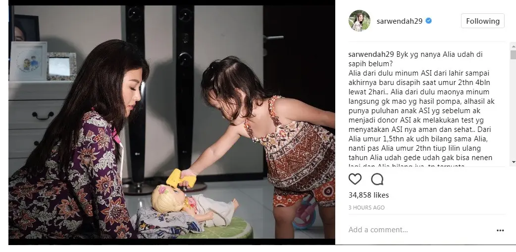 Curhatan Sarwendah Tan tentang anaknya yang harus disapih (Foto: Instagram)