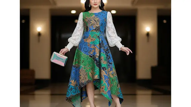 Batik Brokat Asimetris dengan Bishop Sleeve Modern