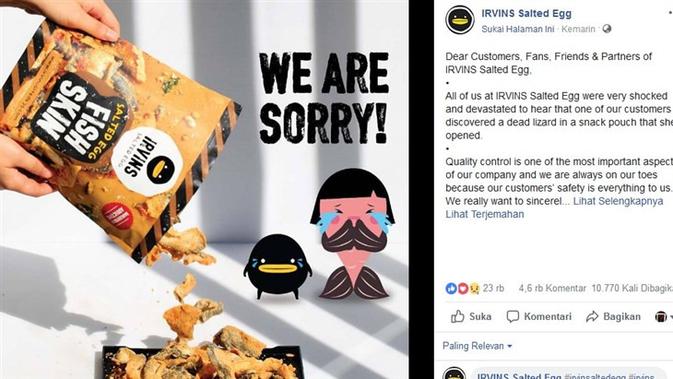 Perusahaan camilan populer Singapura, IRVINS Salted Egg meminta maaf kepada pelanggan soal temuan kadal mati. (Facebook IRVINS)