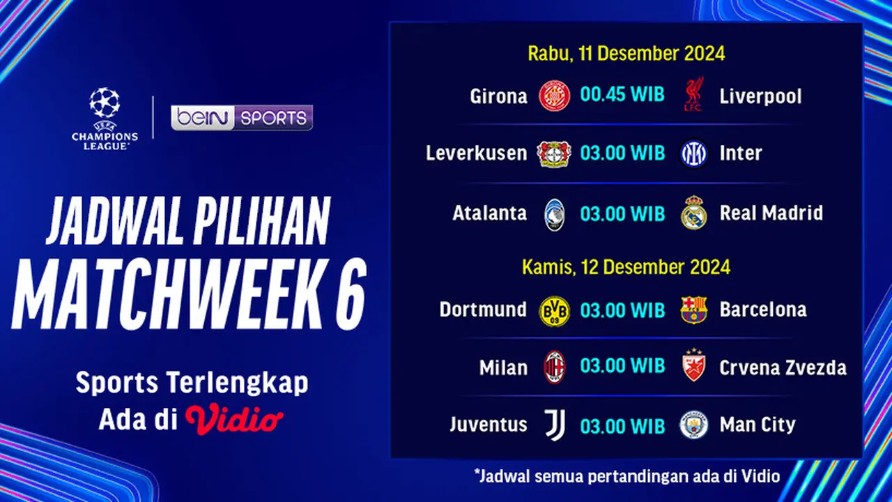 Jadwal Liga Champions 2024/2025 Matchweek 6