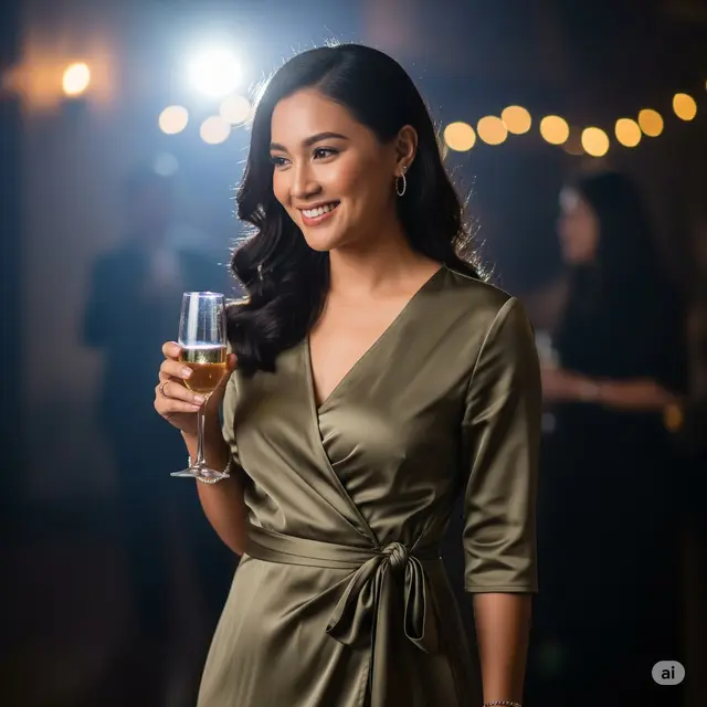 Wrap Dress Satin Matte dengan Tali Waist Knotted