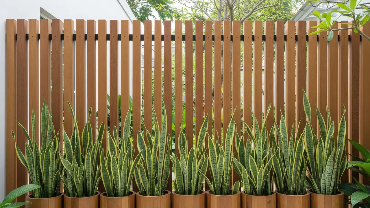 Pagar Kayu Vertikal dengan Tanaman Lidah Mertua (Sansevieria)
