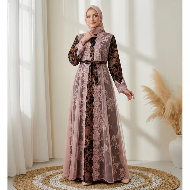 9 Gamis Batik Kombinasi Brokat Lengan Panjang Elegan, Tren Busana Muslimah 2025