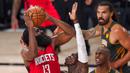 Pebasket Houston Rockets, James Harden, berusaha memasukkan bola saat melawan Oklahoma City Thunder pada laga NBA, Selasa (1/9/2020). Oklahoma City Thunder menang 104-100 atas Houston Rockets. (AP Photo/Mark J. Terrill)