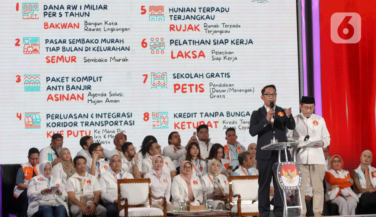 Calon gubernur dan calon wakil gubernur nomor urut 1, Ridwan Kamil-Suswono saat mengikuti debat ketiga Pemilihan Kepala Daerah Jakarta 2024 di Golden Ballroom Hotel Sultan Jakarta, Minggu (17/11/2024). (Liputan6.com/Herman Zakharia)