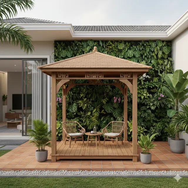Teras Rumah 6x9 dengan Gazebo Kayu dan Tanaman Tropis (Foto: Gemini AI)