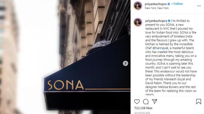 Priyanka Chopra bakal segera membuka restoran India miliknya di New York pada akhir Maret 2021. (Tangkapan Layar Instagram @priyankachopra/https://www.instagram.com/p/CMFiW3uDJvd/)