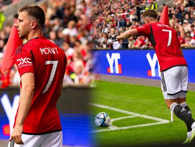 Pemain baru Manchester United, Mason Mount melakukan debutnya saat laga pramusim melawan Leeds United di Ullevaal Stadium, Oslo, Rabu (12/7/2023). (Twitter/@ManUtd)