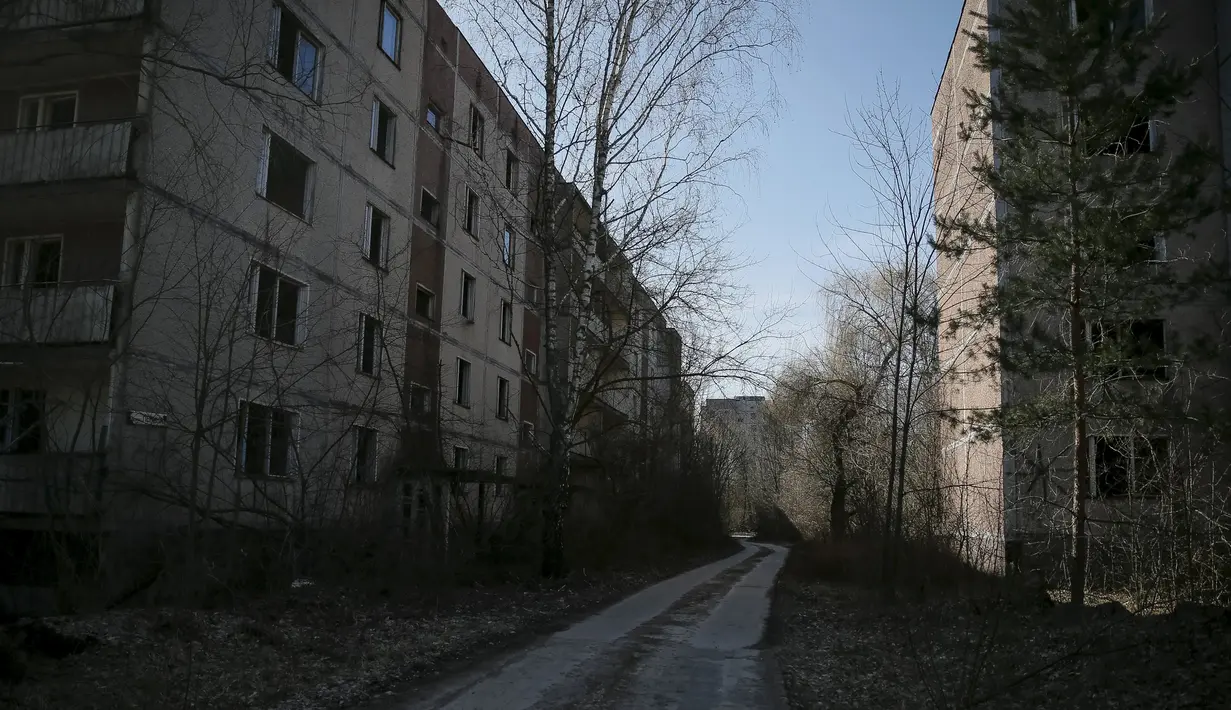 Pemandangan kota mati yang telah ditinggali penduduknya di kota Pripyat dekat pembangkit listrik tenaga nuklir Chernobyl di Ukraina 28 Maret 2016. (REUTERS / Gleb Garanich)