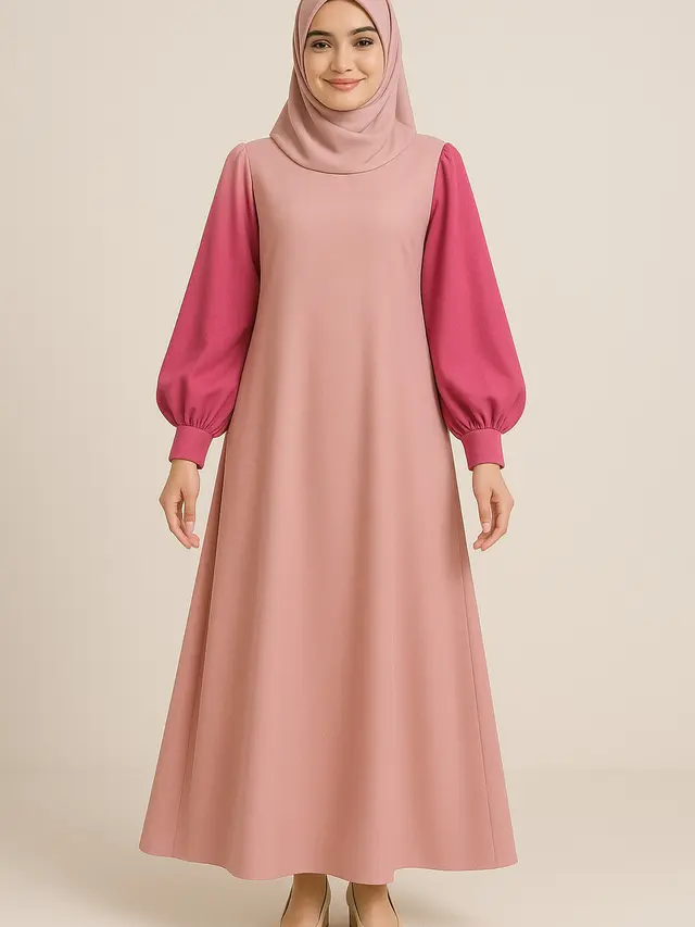 Inspirasi Model Gamis Syari A-Line Kombinasi Polos Terbaru