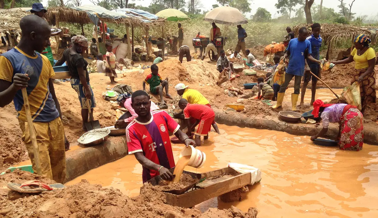 Sejumlah warga menambang emas di sebuah situs penambangan di kota Betare Oya, Kamerun (4/4).  (AFP Photo/Reinnier Kaze)