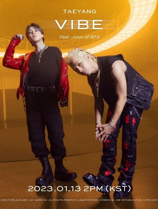 Dalam poster yang diunggah potret Taeyang Big Bang dan Jimin BTS pun langsung mencuri perhatian. Taeyang pun diketahui akan comeback pada 13 Januari 2023 dengan lagu Vibe yang berkolaborasi dengan Jimin BTS. (Liputan6.com/IG/@theblacklabel)