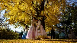 Pengunjung mengenakan pakaian tradisional Hanbok berpose untuk swafoto di bawah pohon gingko dengan dedaunan musim gugur di halaman Istana Gyeongbokgung di Seoul pada tanggal 2 November 2023. (ANTHONY WALLACE/AFP)