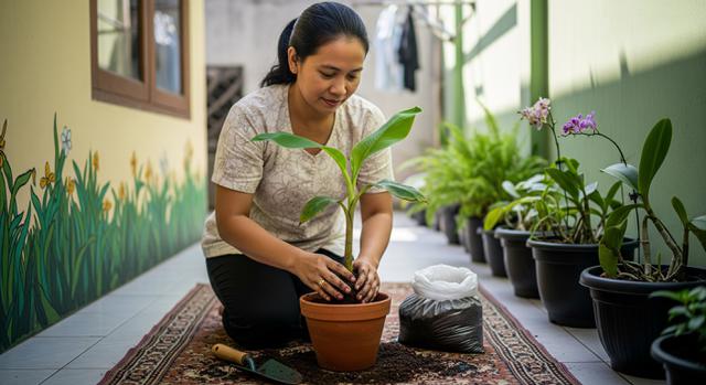 Wanita sedang menanam pisang di pot karena tidak punya lahan luas. [Foto: Gemini]