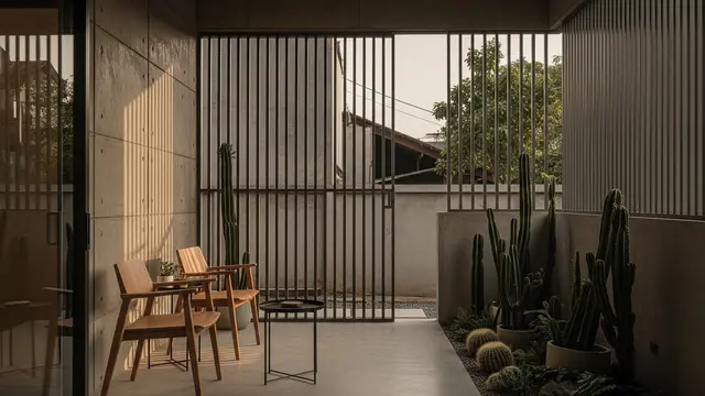 Teras Industrial Minimalis dengan Pagar Bilah Besi