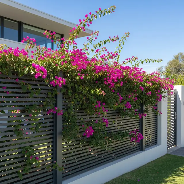 Pagar Rumah Minimalis dengan Tanaman Berbunga (Gemini AI)