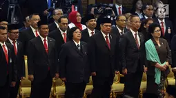 Sejumlah Menteri Kabinet Kerja menghadiri Sidang Tahunan MPR Tahun 2019 di Gedung Kura-kura kompleks MPR/DPR, Jakarta, Jumat (16/8/2019). Sidang tahunan ini dihadiri para tokoh dan pejabat tinggi negara.  (Liputan6.com/ Johan Tallo)
