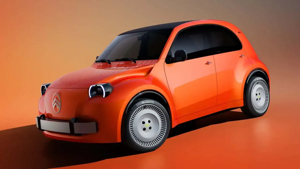 Tampilan Depan Mobil Konsep Citroën 2CV Berwarna Oranye Infra Merah⁠