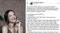 Iklan mencari ART yang diunggah Cleopatra Djapri di Facebook mendapat sorotan warganet hingga viral di X. [Foto: X/nurultryani]
