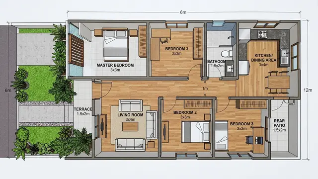 Desain Rumah 6x12 Meter dengan Kamar Tidur Utama di Bagian Depan