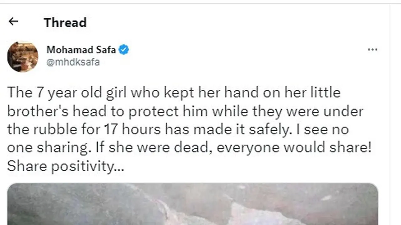 Bocah Suriah yang viral, melindungi adik saat keduanya tertimbun puing akibat gempa Turki. (Screen Grab Twitter)