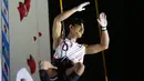 Atlet panjat tebing Korea Selatan berselebrasi pada kualifikasi nomor speed putri Kejuaraan Dunia Panjat Tebing IFSC 2023 seri Jakarta di Lot 6, Kompleks Stadion Utama Gelora Bung Karno, Jakarta, Indonesia, Sabtu (06/05/2023). (Bola.com/Bagaskara Lazuardi)