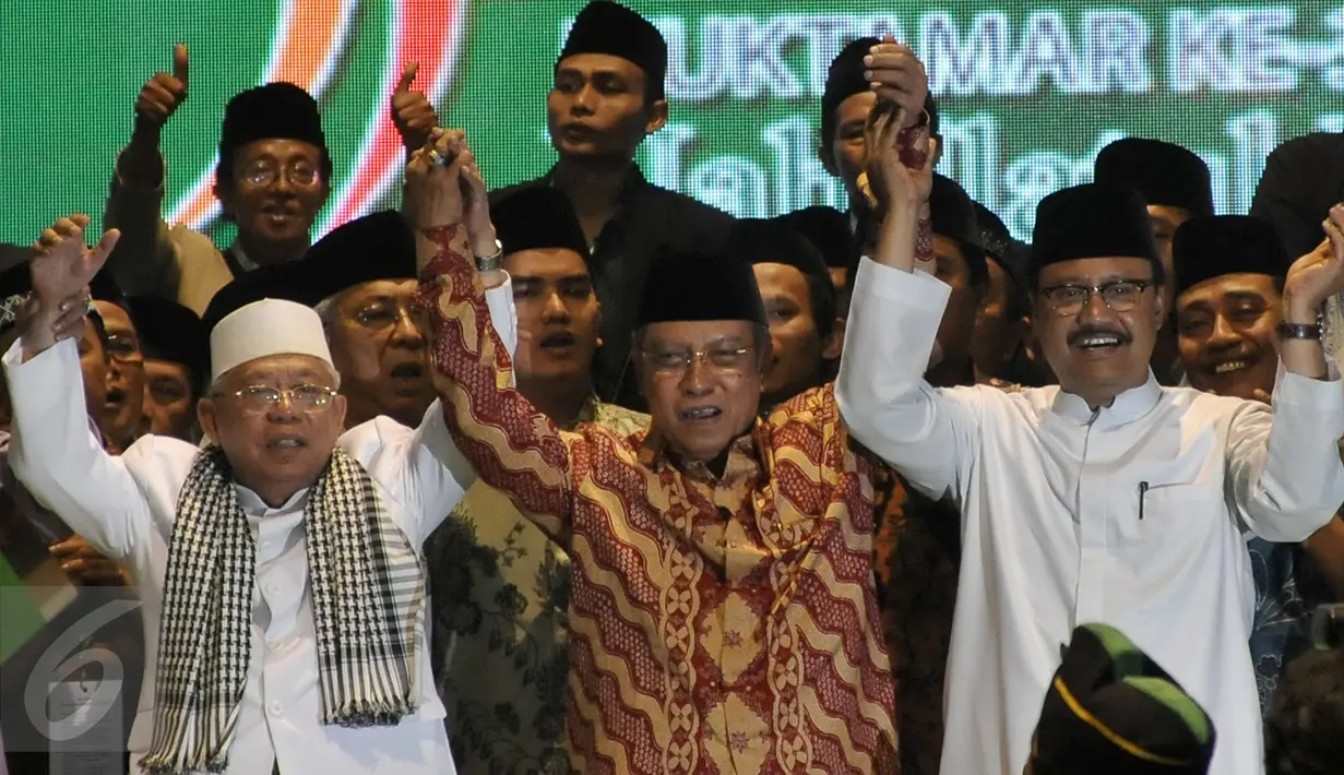 Rois Am PBNU terpilih, KH Ma'ruf Amin (kiri), Ketua PBNU terpilih, KH Said Aqil Siradj (tengah) dan Ketua Panitia Daerah Muktamar NU ke-33 Saifullah Yusuf saat penutupan Muktamar NU di Jombang, Jawa Timur, Kamis (6/8/2015). (Liputan6.com/Johan Tallo)