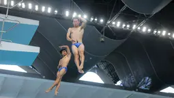 Penampilan pasangan Andriyan (kanan) dan M. Yudha Prasetyo dalam nomor papan lompat indah putra Indonesia Open Aquatic Championships 2025 (IOAC 2025) di Stadion Akuatik GBK, Senayan, Jakarta, Selasa (25/11/2025). (Bola.com/Bagaskara Lazuardi)