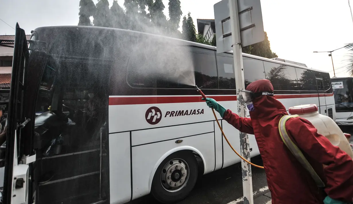 Petugas pemadam kebakaran menyemprotkan disinfektan bus AKAP di Terminal Kampung Rambutan, Jakarta, Minggu (23/5/2021). Penyemprotan rutin dilakukan kepada bus AKAP dan penumpang selama arus mudik Lebaran sebagai langkah mencegah penyebaran Covid-19. (merdeka.com/Iqbal S Nugroho)