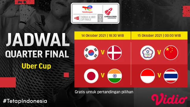 Jadwal Piala Thomas dan Uber Cup 2020 Kamis, (14/10/2021) di Vidio