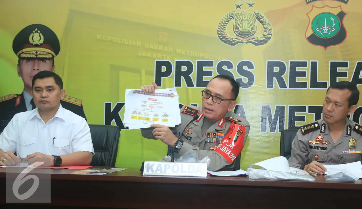 Kapolda Metro Jaya Irjen Pol Muh Iriawan (tengah) memperlihatkan struktur organisasi saat rilis barang bukti hasil operasi tangkap tangan (OTT) di Kemenhub kemarin, Jakarta, Rabu (12/10). (Liputan6.com/ Herman Zakharia)