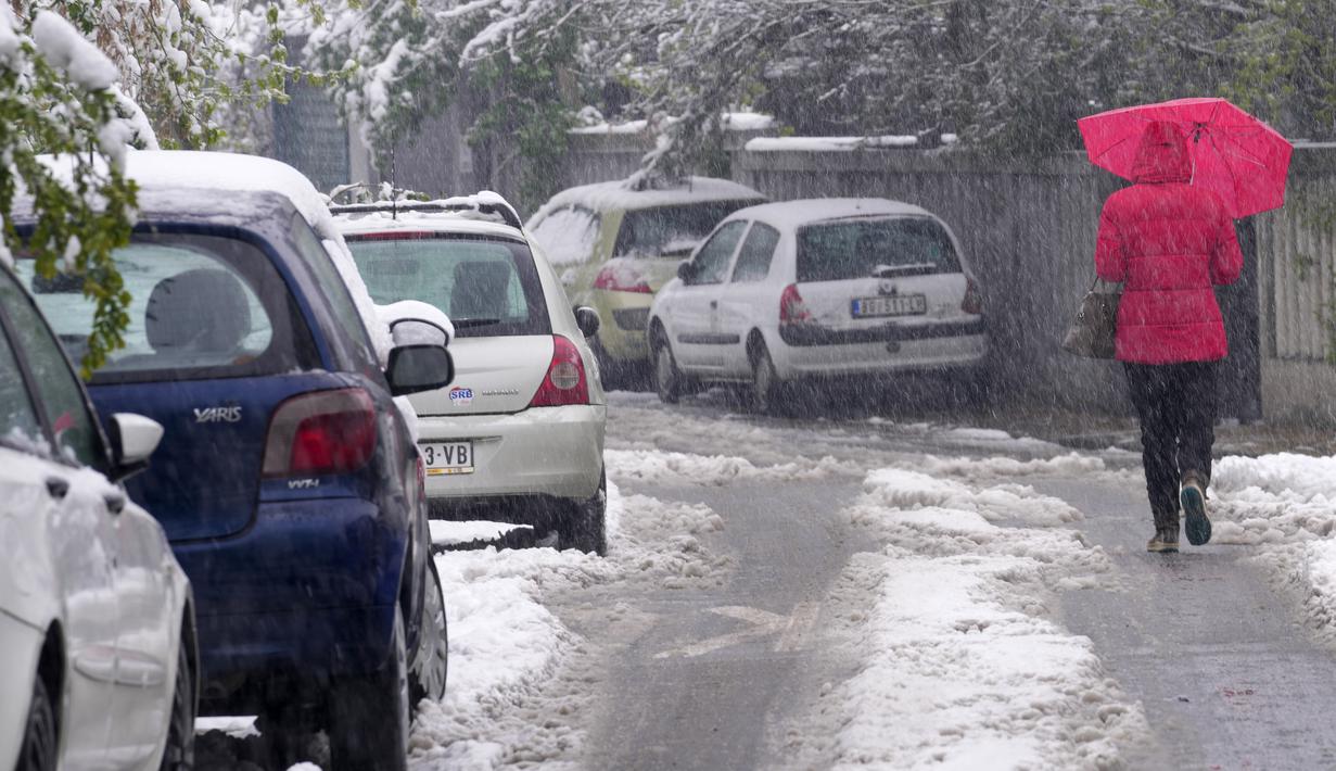 Seorang perempuan berjalan melalui jalan yang tertutup salju di Beograd, Serbia, Selasa (4/4/2023). (AP Photo/Darko Vojinovic)