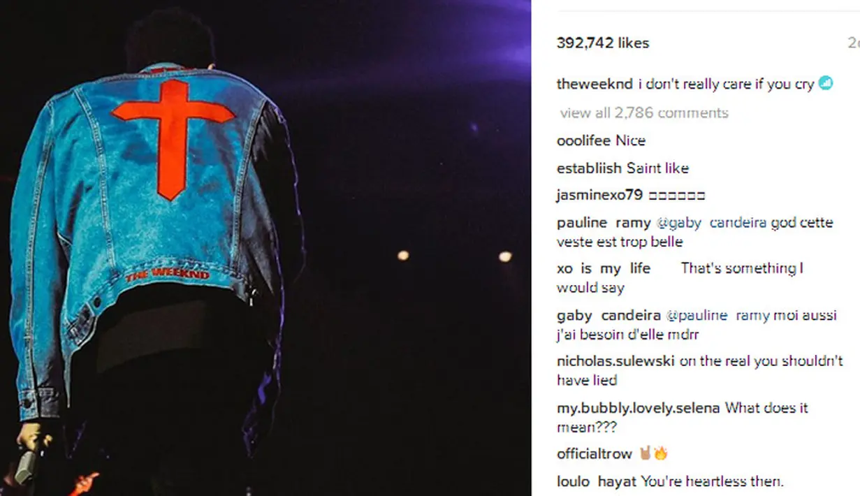 Melansir aceshowbiz.com, The Weeknd mengunggah sebuah foto di Instagram dengan menuliskan keterangan foto “Aku sangat tidak peduli jika kamu menangis,” tulis The Weeknd. (Instagram/theweeknd)