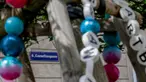 Para Swifties—penggemar Taylor Swift—memasang gelang di sebuah pohon di pusat kota Cornelusgasse, Wina, pada hari Jumat, 9 Agustus 2024. (AP Photo/Heinz-Peter Bader)