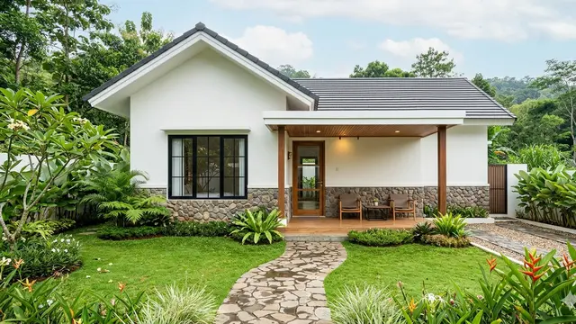 Desain Rumah Desa Konsep Natural Modern dengan Batu Alam. Gemini