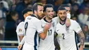 Tiga gol kemenangan Inggris di markas Yunani masing-masing dicetak oleh Ollie Watkins, gol bunuh diri Odisseas Vlachodimos, dan aksi Curtis Jones. Berkat hasil ini, Inggris pun sukses mendepak Yunani dari singgana klasemenn Grup 2 League B. Kedua tim kini sama-sama memiliki poin 12, tetapi Inggris unggul head to head. (AFP/Aris Messinis)