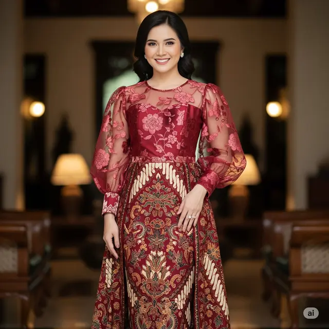 Etnik Elegan: Brokat Transparan dan Batik Maroon