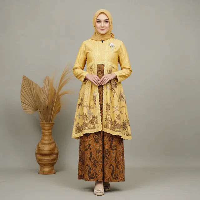 Model Gamis Batik Brokat Soft Yellow Terbaru untuk Ramadan 2026