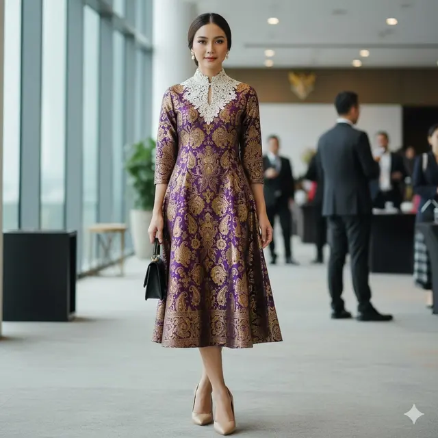 Dress Minimalis dengan Kerah Brokat