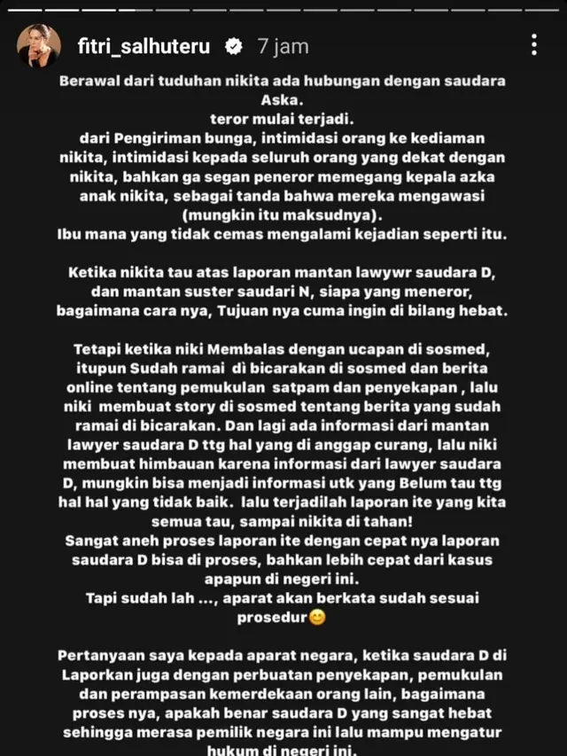Unggahan Fitri Salhuteru soal kasus Nikita Mirzani. (Foto: Dok. Instagram @fitri_salhuteru)