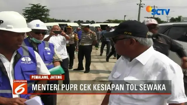 Menteri PUPR Basuki Hadimuljono meninjau pembangunan proyek Tol Trans Jawa di Exit Gandulan, Pemalang, Jawa Tengah.