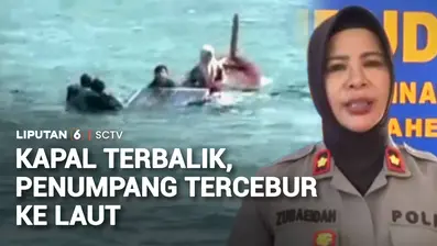 Dihantam gelombang saat berbelok, kapal pompong yang baru berangkat dari pelabuhan terbalik. Ada tujuh penumpang tercebur ke laut.