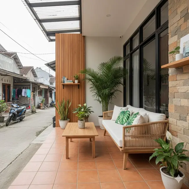 Gaya Tropis dengan Material Alami (Kayu & Rotan)