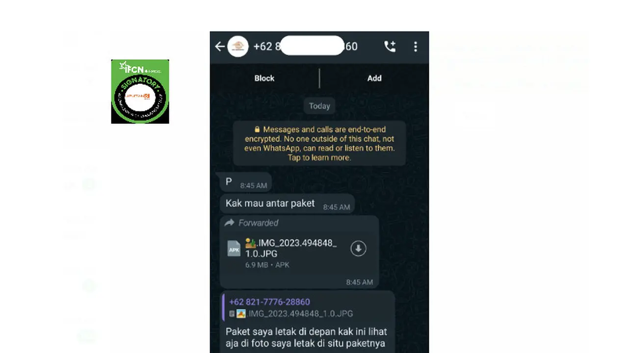 Tangkapan layar klaim file APK laporan pengiriman paket dari akun WhatsApp Pos Indonesia