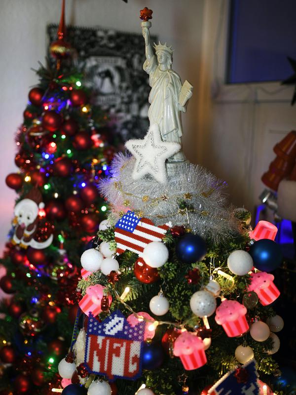 Sebuah pohon Natal menghiasi rumah keluarga Thomas Jeromin di Rinteln, Jerman, 8 Desember 2019. Thomas Jeromin memenuhi rumahnya dengan 350 pohon Natal di hampir tiap sudut rumah, mulai dari ruang tamu, dapur sampai kamar mandi. (Ina FASSBENDER/AFP)